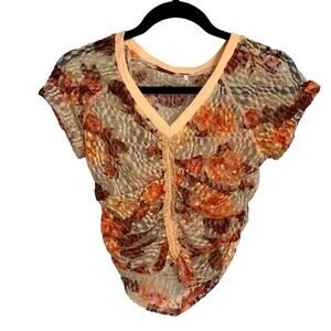 Free People Womens XS Orange Crop Top Solana Floral Lace Ruched Front BOHO